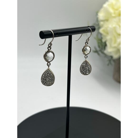 Vintage Sterling Silver 925 Titanium Druzy Clear Rock Quartz Dangle Earrings - Picture 3 of 9